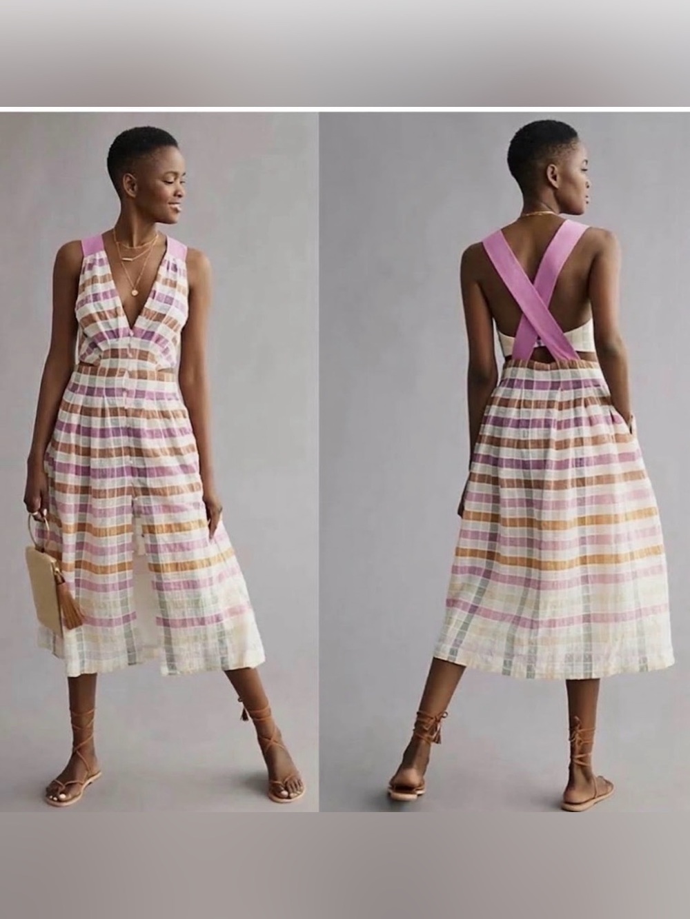 Maeve Anthropologie Plaid Cross Back Cutout Midi Dress Size 4 Cotton Gingham